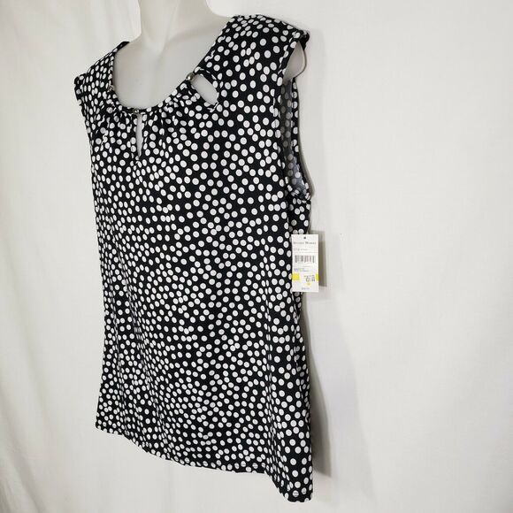 Studio Works Womens Top Medium Sleeveless Tank Black White Polka Dot Keyholes - Picture 5 of 10
